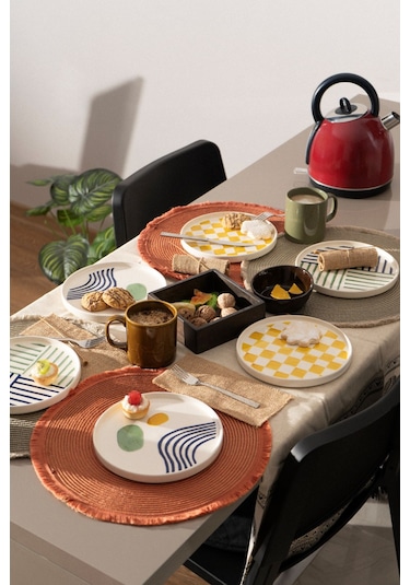 Kevin Seramik Hand Made Modern 6 Kişilik Pasta Tabak Seti &Tatlı Tabak Takımı Beyaz - Yeşil