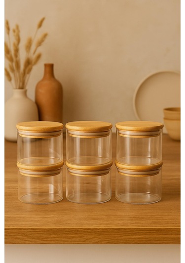 6'lı Borosilikat Cam Kahvaltılık Seti - Sızdırmaz Silikonlu Bambu Kapak - 90 X 70 Mm-400 Ml Beyaz