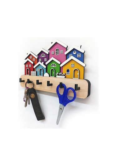 Cajuart Yanyana Renkli Evler Ahşap Dekoratif Duvar Askısı Anahtarlık Modern Dekor