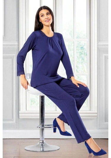 Faal 8606 Kadın Uzun Kollu Dantel Detaylı Pijama Takımı-lacivert Lacivert
