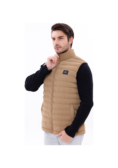 Erkek Nova Kumaş Şişme Yelek Hafif Dolgulu Fermuarlı Cepli Su İtici Rahat Kalıp Bej