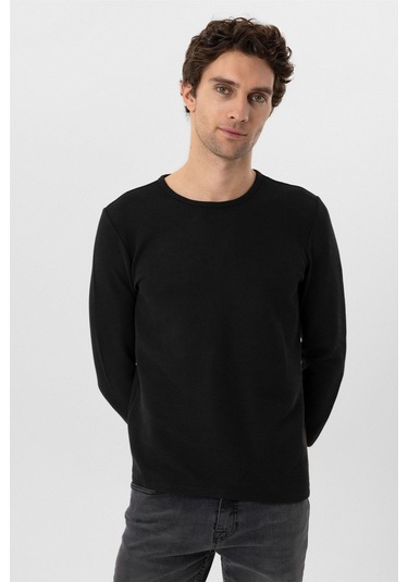 Siyah Slim Fit Armürlü Bisiklet Yaka Triko Kazak-36351 Siyah