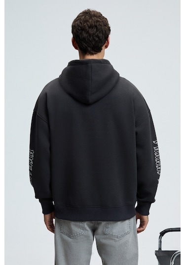 Grimelange ARMAND Erkek Kapüşonlu Kanguru Cepli Önü Baskılı Oversize Antrasit Sweatshirt