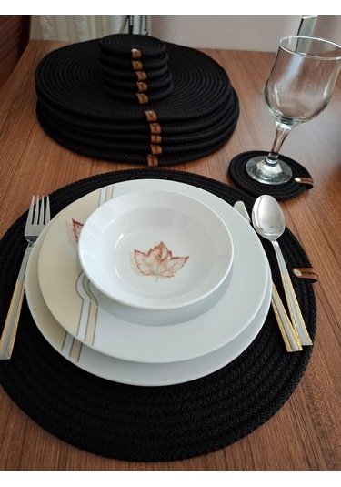 Siyah 6 Kişilik 12 Parça Amerikan Servis, Hasır Supla Takımı, Tab Siyah