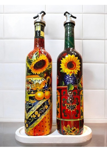 Akdeniz Mutfağı Ve Ayçiçeklerinden İlhamla Tasarlanan Cam Yağdanlık, Sirkelik Ve Sosluk Seti, Mutfak Kırmızı - Sarı