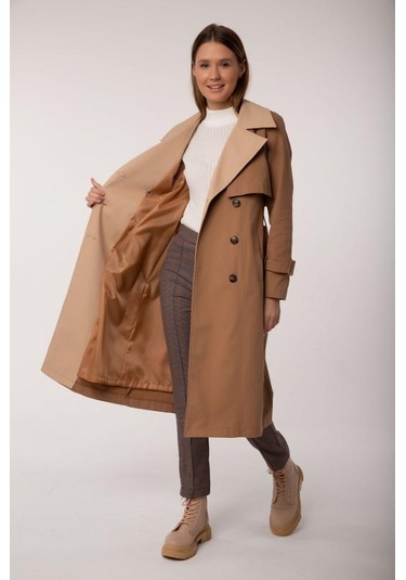 Pastelastore Pamuk Gabardin Uzun Çift Renk Garnili Kadın Trençkot 1114 Koyu Bej