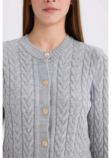 DeFacto Regular Fit Bisiklet Yaka Saç Örgülü Düğmeli Hırka C9044AX25SPGR400 Gri