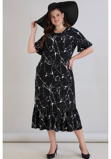 Wearon Kadın Dora Büyük Beden Volanlı Mermer Desen Siyah Elbise Siyah
