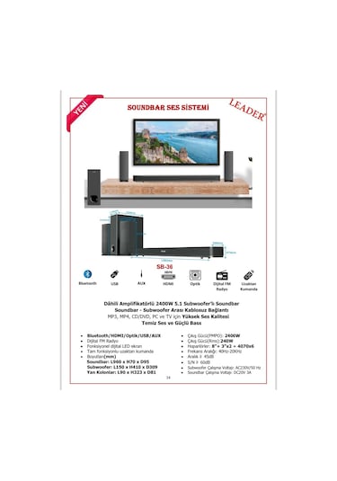 Leader Sb36 5.1 Soundbar Ses Sistemi Bluetooth-usb-hdmı-optik-fm