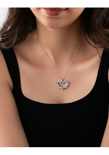925 Ayar Zirkon Taşlı Rodyum Birleşen Kuğular Kalp Motifli Gümüş Aşk Kolyesi Gümüş - Rodyum