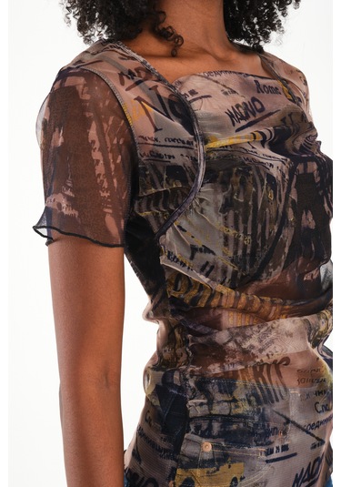 Kare Yaka Tül Bluz Yeşil