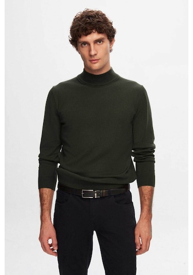 D's Damat Regular Fit Haki Pamuk Karışımlı Yarım Balıkçı Triko Kazak Haki