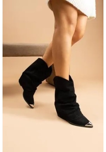 Beyaz London Önü Demir Detaylı Katlamalı Nubuk Kadın Kovboy Çizme Siyah Siyah