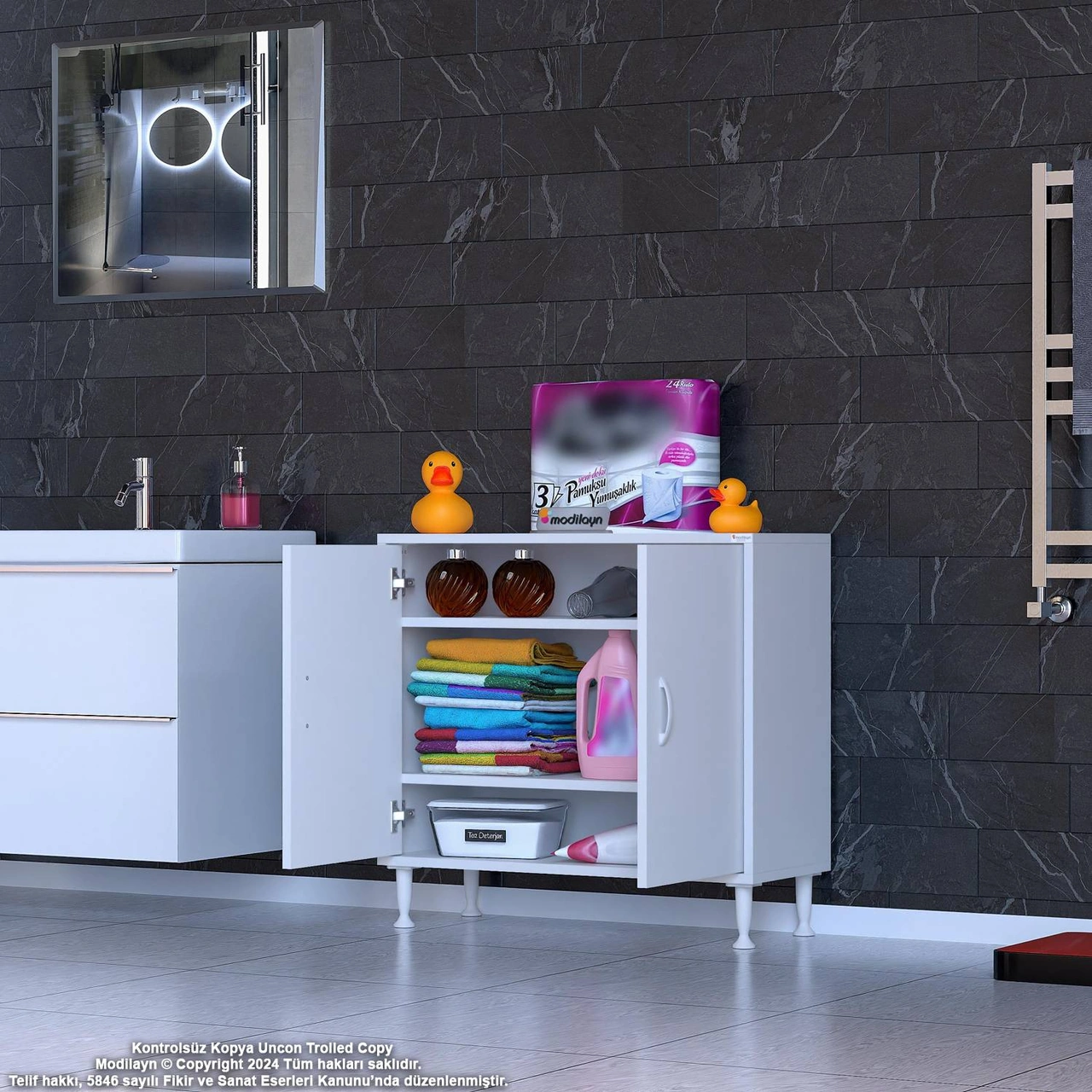 Efil Dolap Dar Alanlar İçin Çok Amaçlı Dolap 2 Kapaklı 3 Göz Raf Dolap 70x75x32,5 Cm Beyaz