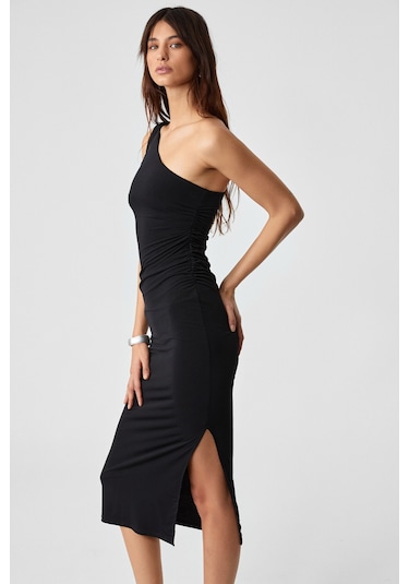 BERINS Kadın Asimetrik Yaka Regular Kolsuz Siyah Elbise