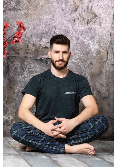 Lukitus Sıfır Yaka Desenli Kısa Kol Erkek Pijama Takımı Füme