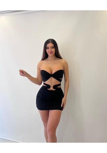 Pink Life Siyah Sandy Kumaş Straplez Toka Detaylı Elb Siyah