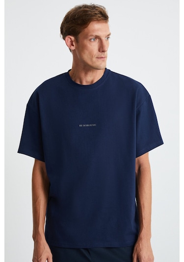 GRIMELANGE Rıver Erkek Oversize Fit Bol Kesim Nakış Işlemeli Basic Örme Lacivert T-shirt Lacivert