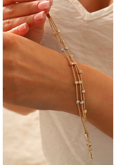 Moom Mücevherat 14 Ayar Altın Dorika Toplu Altın Bileklik Popcorn Renkli Toplar Üç Sıra Çok Renkli