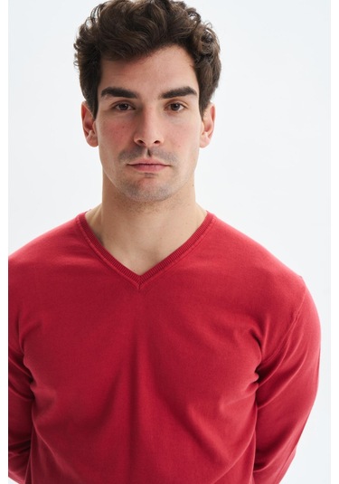 Arma Erkek Slim Fit Likralı Pamuklu Örme V Yaka Triko Kazak K0kro0854 Kırmızı