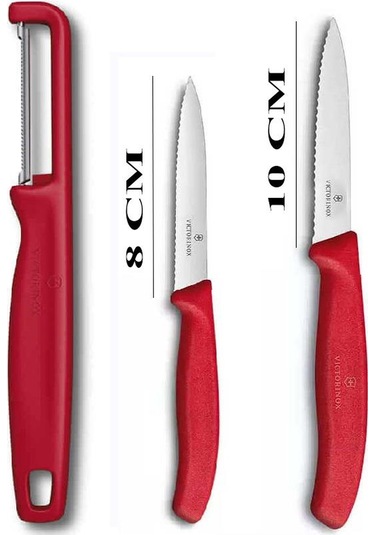 Victorinox Kırmızı Tırtıklı Soyma Bıçağı 8 Cm - 10 Cm Ve Domates Sebze Soyacağı 3lü Set Kırmızı