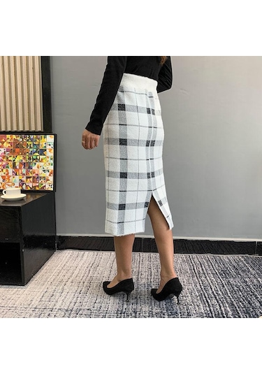 Sonbahar Kış Kadın Midi Örme Etek Kadın Etek Yüksek Bel Kalınlaşmak Taklit Vizon Kadife Katı Ince Etekler Beyaz