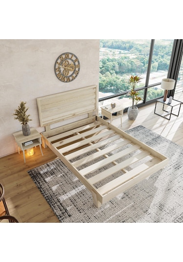 Hüma Model Vernikli Çam Ahşap Karyola Ve İki Komodin Set Yatay -284 140 x 190