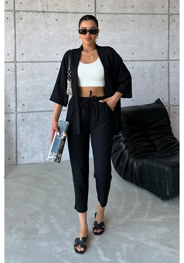 Modagen Kadın Siyah Kimono Alt Üst Havuç Pantolon Takım Siyah