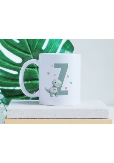 Z Harfi Sevimli Dinozor Kupa Bardak - Açık Yeşil Yıldız Detaylı Dino Tasarım - Hediye Beyaz