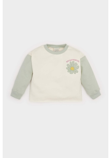 DeFacto Kız Bebek Bisiklet Yaka Çiçekli İçi Yumuşak Tüylü Sweatshirt D7185A524WNER99 Ekru