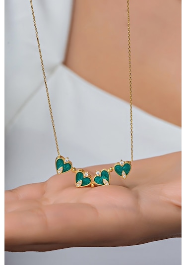 Nereze 925 Ayar Gümüş Mıknatıslı Ayrılabilir Gold Yeşil Mineli 4 Kalpli Yonca Kolye