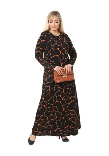 Melsay Butik Siyah Taş Desen Kollu Kadın Uzun Tesettür Elbise Siyah