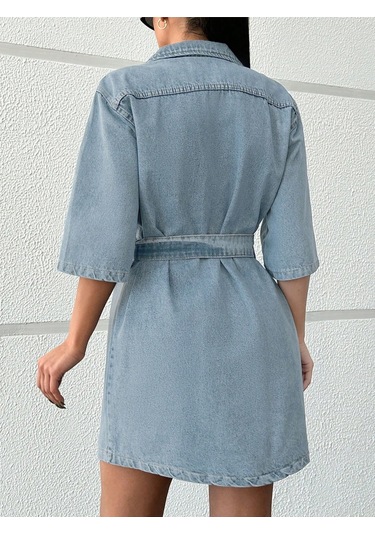 Shevega Kadın Açik Mavi Kuşakli Tek Cep Kısa Kot Elbise Mavi
