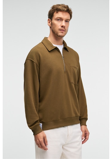 AUGUST Erkek %100 Pamuk Yarım Fermuarlı Yakalı Cepli Süs Etiketli Haki Sweatshirt