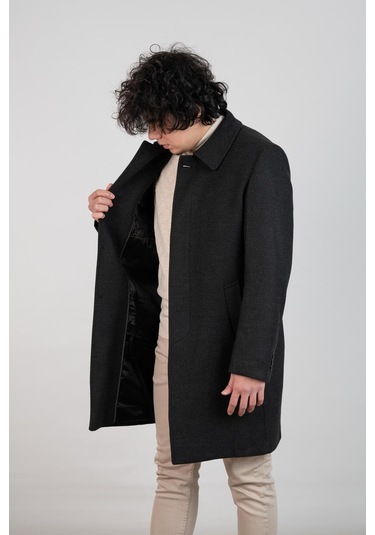 Yakalı Klasik Kesim Düğmeli Uzun Kaşe Erkek Kaban Antrasit