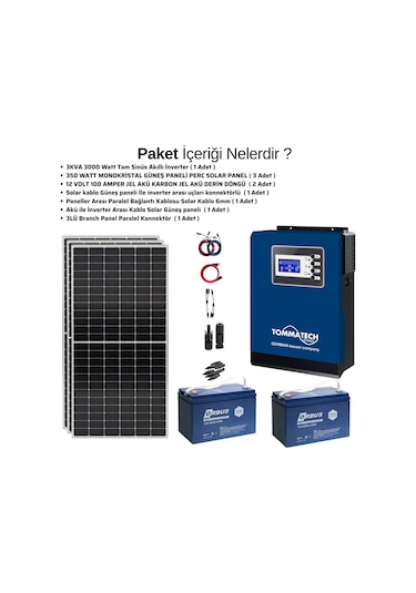 Güneş Enerjisi Bağ Evi Solar Paketi 3KVA İnverter 350W Güneş Paneli 100AH Jel Akü