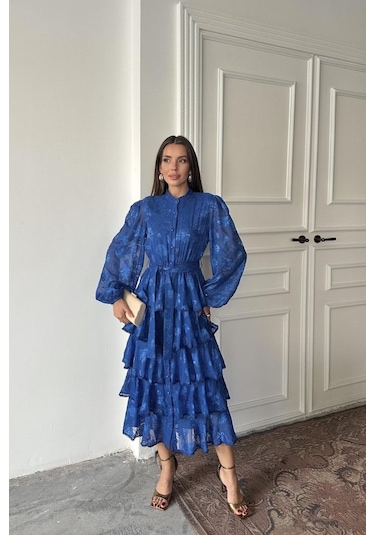 The İstanbul Saks Valonlu Şeritli Kat Kat Elbise Saks