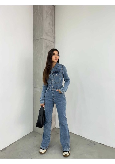 Shevega Kadın Mavi Ispanyol Paça Ceketli Denim Tulum Mavi