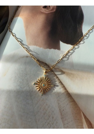 Firüze Taşlı Güneş Kararmaz Çelik Kadın Gold Kolye Modern Ve Şı Altın