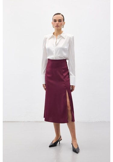 Sateen Yırtmaçlı Saten Etek - Mürdüm-136724 Mürdüm
