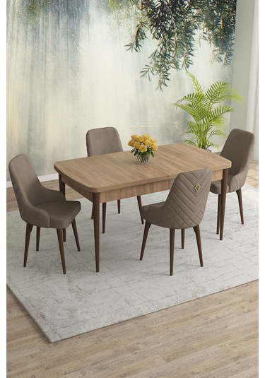 Meri Serisi 80x132 Açılabilir Mdf Meşe Masa Takımı 4 Lacivert Sandalye Kahve Ayak Cappucino