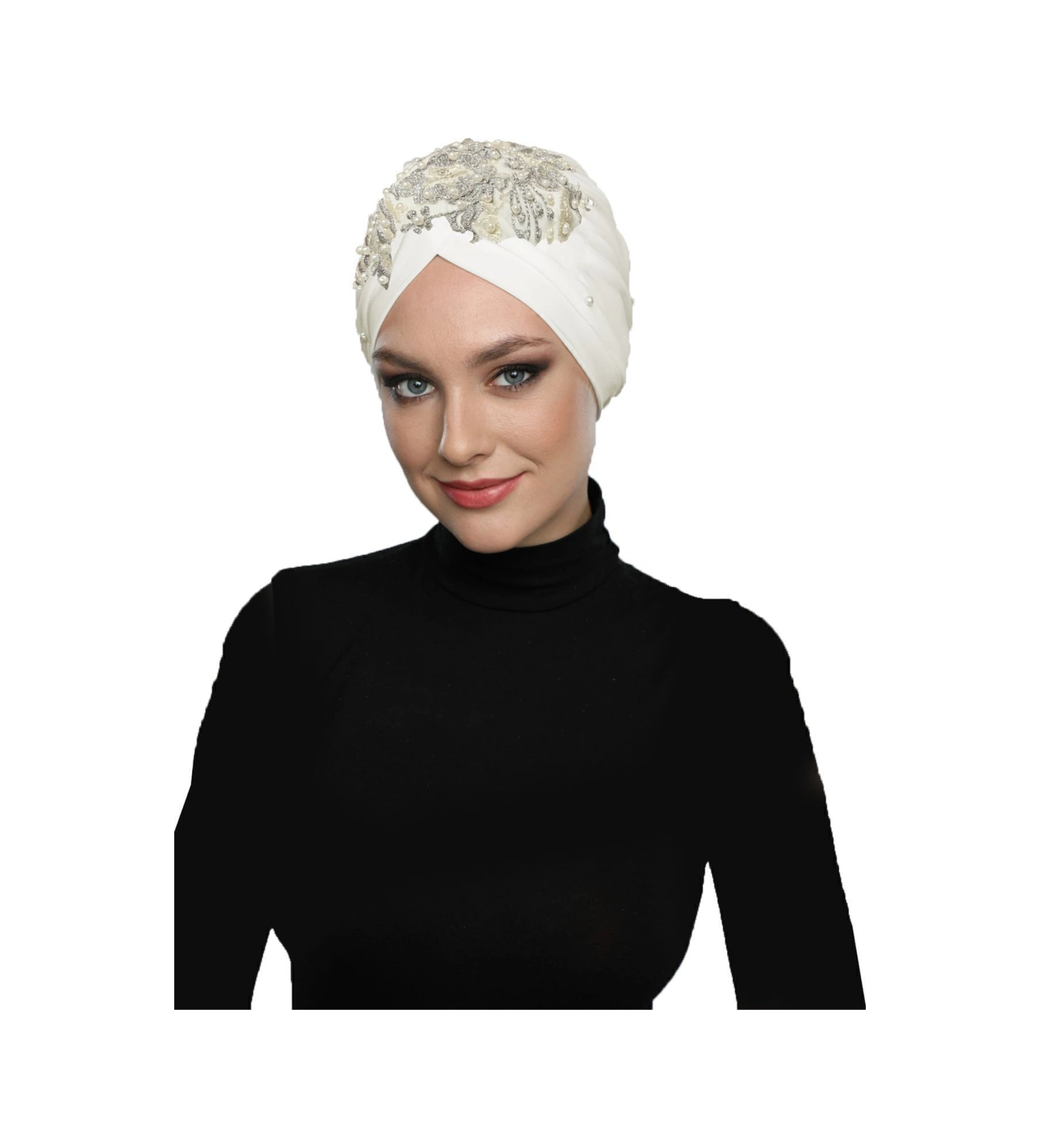 Kopma Astarlı İşlemeli Krem Gri Dantel Motifli Hazır Türban Tesettür Abiye Bone Krem-gri