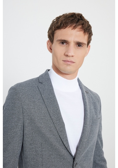 Erkek Sıyah Grı Slim Fit Dar Kesim Mono Yaka Armürlü Torba Cepli Ceket Sıyah Grı