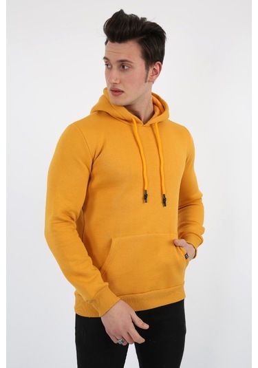 Modish Üç İplik Şardonlu Kapşonlu Düz Erkek Günlük Sweatshirt Hardal