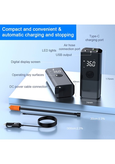 Vkemall Siyah Akıllı El Tipi Lastik Pompa, Otomatik Durdurma Ve Led Işıklı, Araçlı Çalışma, Baskı Gösterici, Çoklu Mod, Akıllı Şarj Cihazı