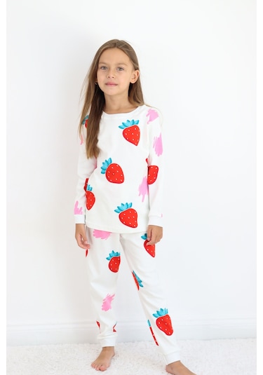 Kız Çocuk Orta Kalınlıkta Basic Baskılı Pijama Takımı Beyaz