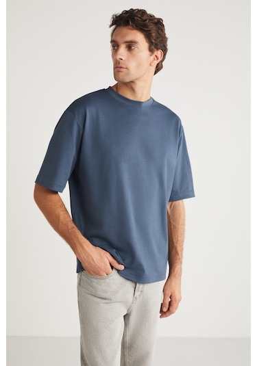 Joel  Erkek %100 Organik Pamuklu Kalın Kumaşlı Özel Dokulu Etiket Detaylı Oversize Indigo T-shirt