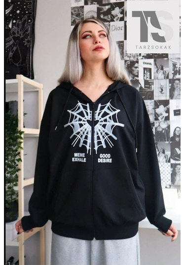 Adrift Örümcek Ağ Desire Sweatshirt Fermuarlı Hırka Siyah