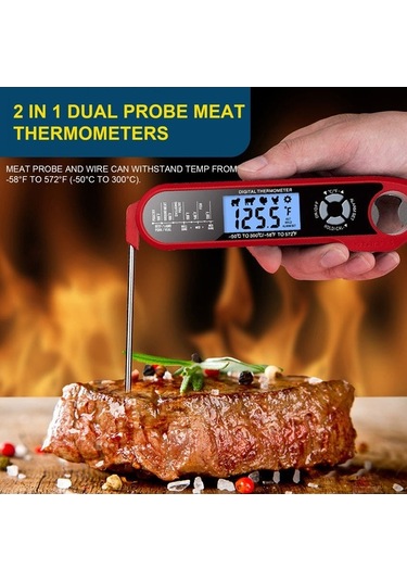 Ulzyvf Hızlı Oku Çift Problu Su Geçirmez Yemek Termometresi - Alarmlı Açılır Fonksiyonlu Kırmızı Kırmızı