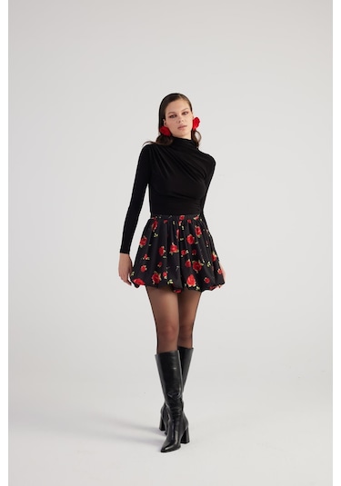 Holly Lolly Balon Model Gül Desenli Mini Donna Etek Siyah